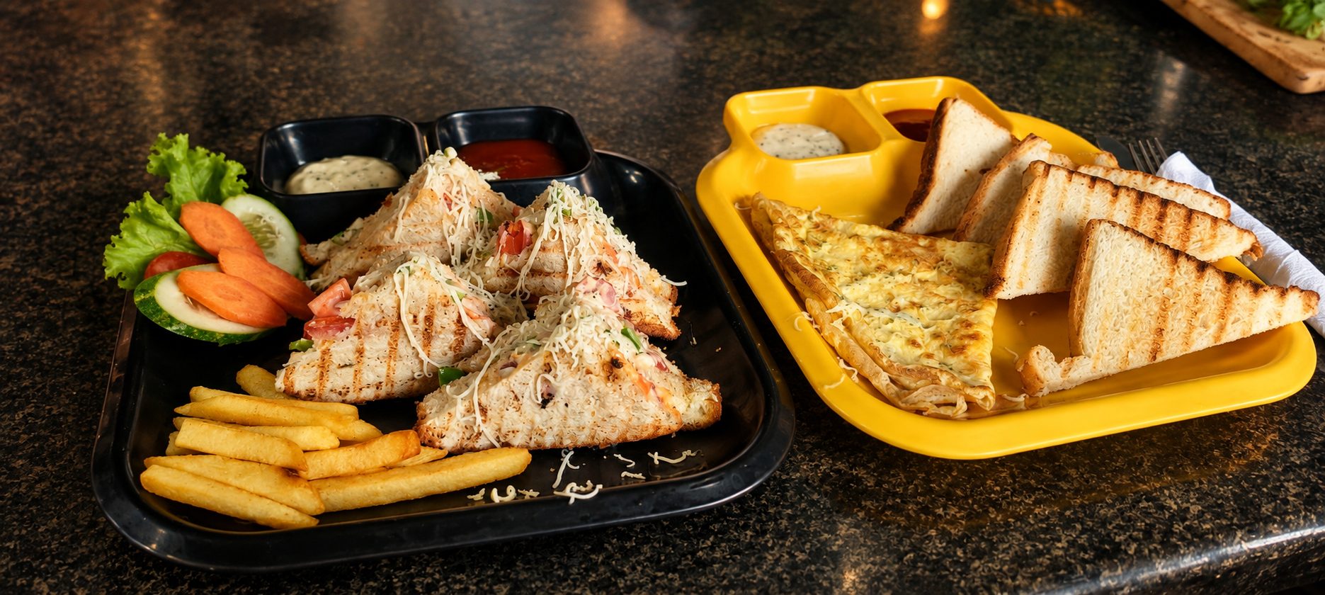 Club sandwich, cheese omelette and golden fries at The Royal Cafe, Anjuna